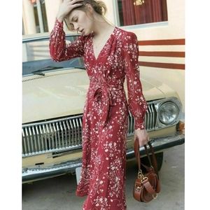 NEW Reformation Susanna Floral Wrap Midi Dress Bryce Red/White Small